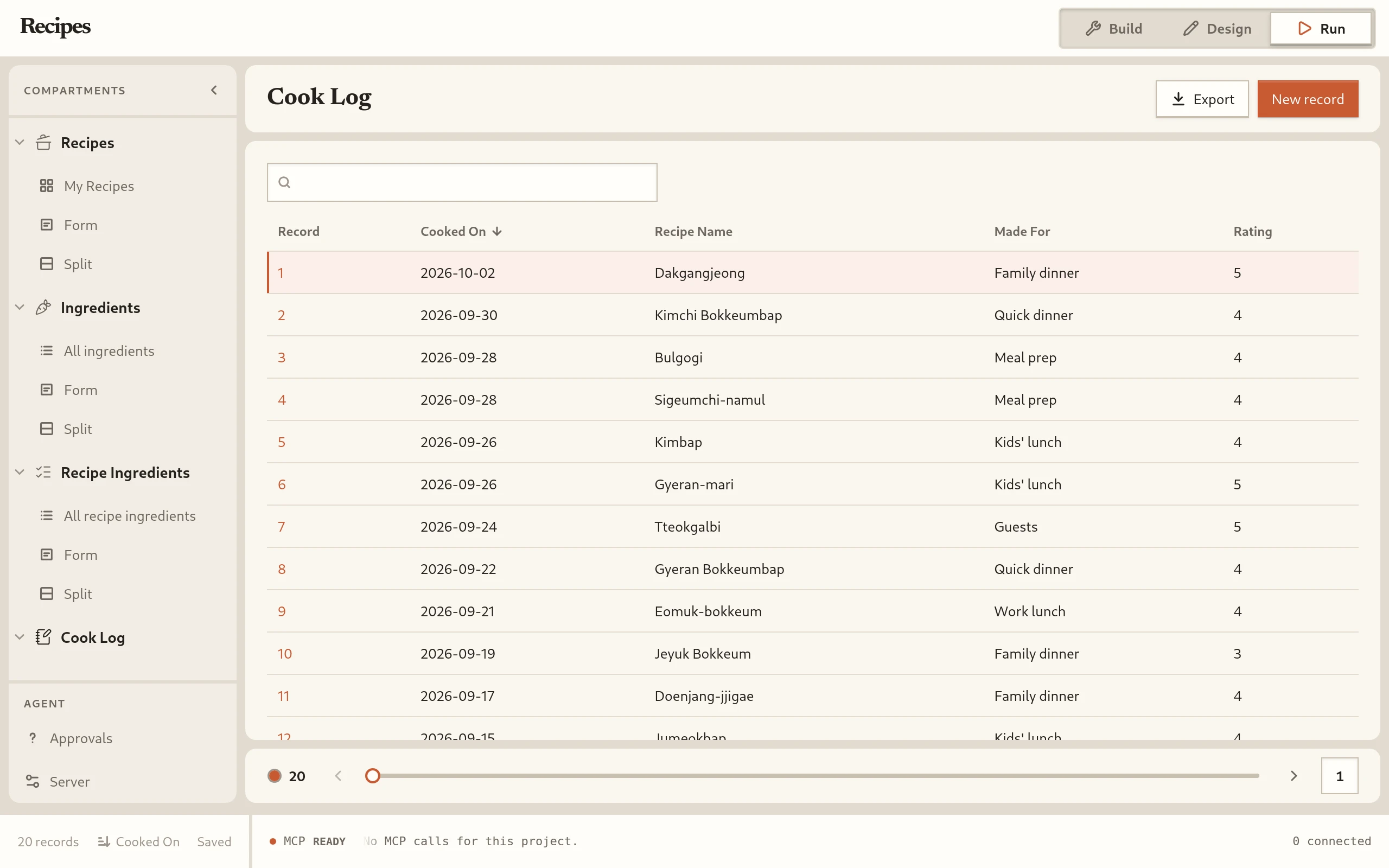 Cook Log, All cook log layout