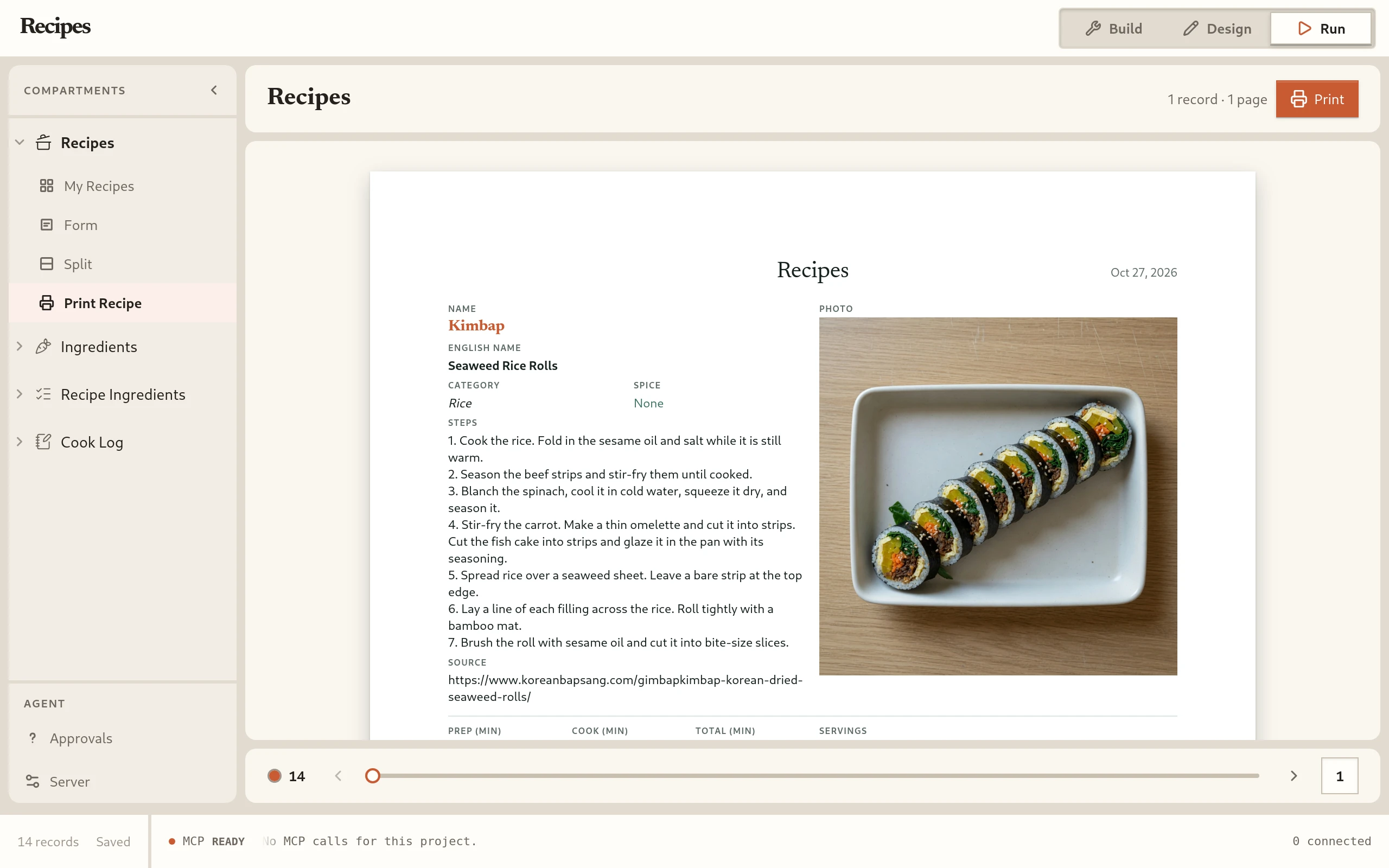 Recipes, Print Recipe layout