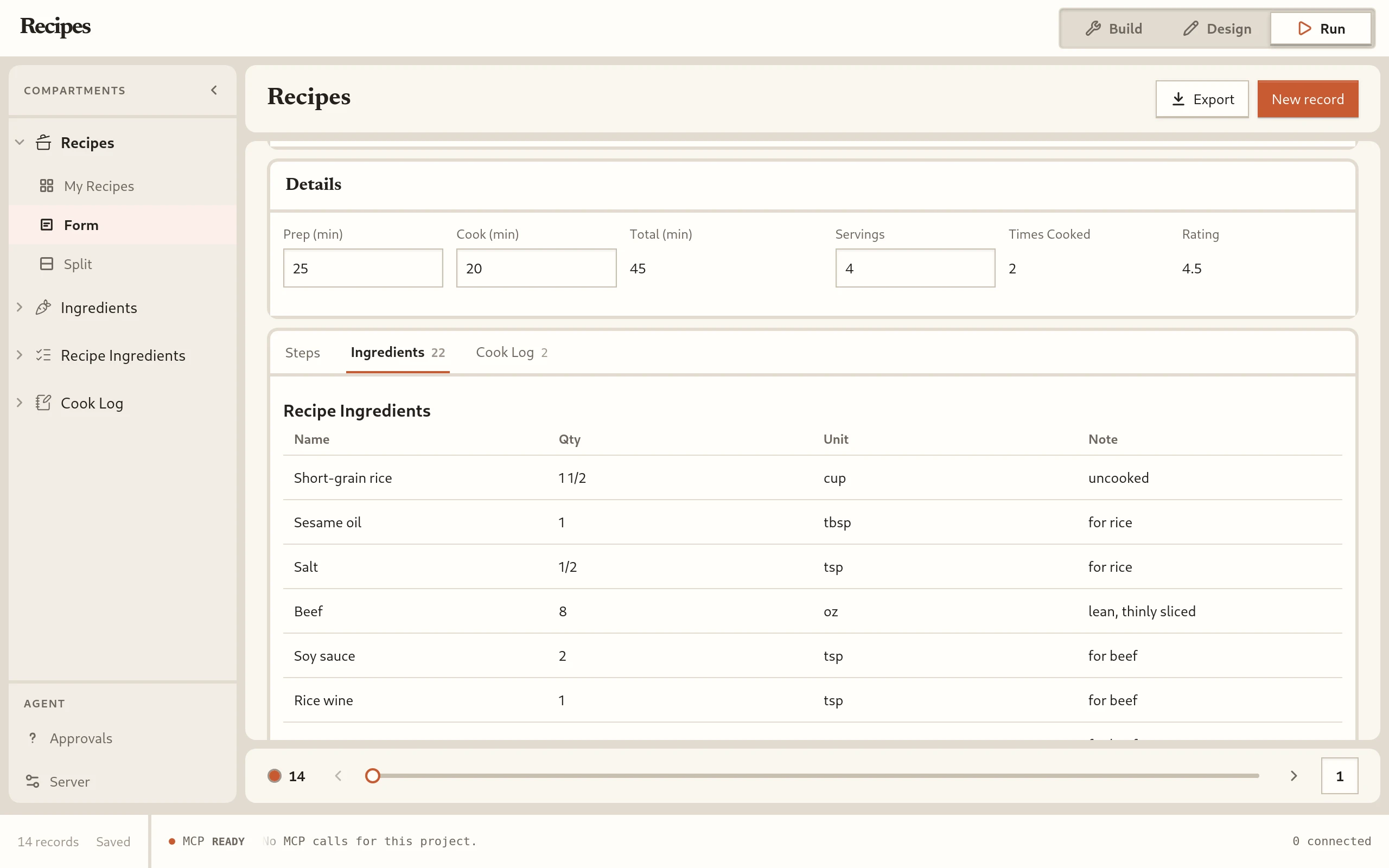 Recipes, Form layout