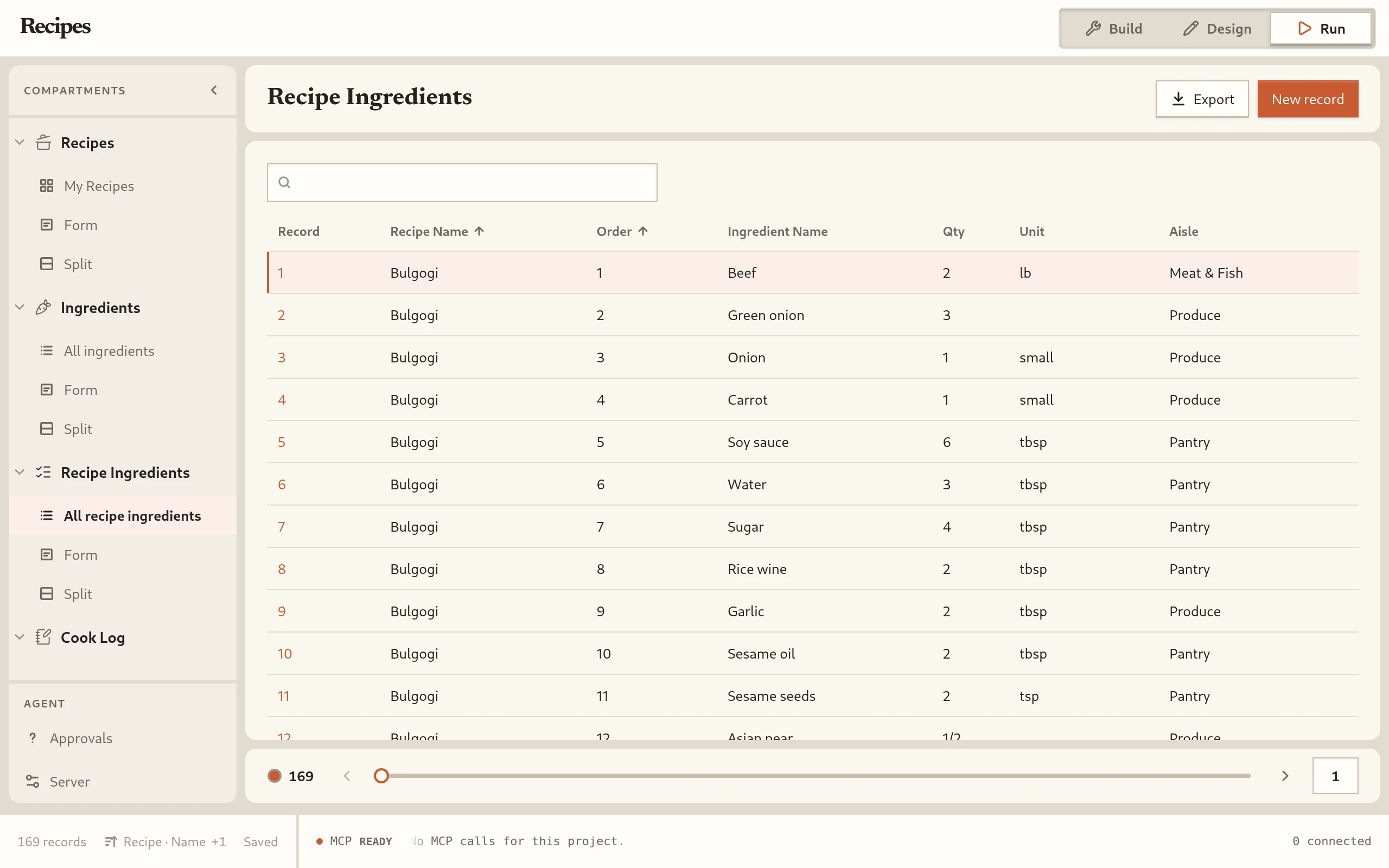 Recipe Ingredients, All recipe ingredients layout